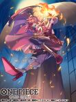  1girl charlotte_linlin commentary_request copyright_name embers epaulettes fire floating_clothes from_below full_body hat high_heels jumping kicori long_hair male_focus official_art one_piece one_piece_card_game open_mouth pink_hair pink_hat pirate_hat prometheus_(one_piece) shroud_(sailing) 