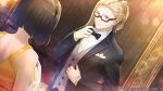 1boy 1girl amamine_mika black_hair blonde_hair bow bowtie breast_pocket camu_einhard couple d3_publisher desperadrops dress dutch_angle game_asset glasses headband hetero kozaki_yuusuke looking_at_another official_art pocket ponytail ponytail_with_hair_base sparkle sparkling_aura tuxedo visual_novel_cg yellow_dress 