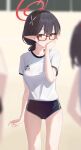  1girl absurdres alternate_costume ayane_(blue_archive) black_buruma black_hair blue_archive blurry blurry_background breasts buruma chinese_commentary commentary_request covering_own_mouth glasses gym_uniform hair_ornament halo highres huashengjiang_gan_lao_mian jacket looking_at_viewer pointy_ears ponytail red-framed_eyewear shirt short_sleeves solo_focus sportswear sweat track_jacket white_shirt yellow_eyes 