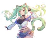  1girl animal_ears belt black_gloves breasts chinese_commentary commentary_request denim denim_shorts fingerless_gloves fishnets gloves green_hair green_nails highres jacket large_breasts long_hair long_sleeves looking_at_viewer multicolored_nails original pink_nails purple_eyes purple_nails shorts simple_background snow_leopard_ears snow_leopard_girl snow_leopard_tail solo tail twintails w white_background white_jacket wubaiye_zhu yellow_nails 