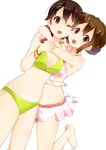  2girls :d :o ;o barefoot bikini bikini_skirt bracelet breasts brown_eyes brown_hair cowboy_shot dutch_angle flower_hairclip frilled_bikini frills front-tie_bikini_top front-tie_top green_bikini hair_ornament hairclip highres hirasawa_yui hug hug_from_side jewelry k-on! komugiko manabe_nodoka medium_breasts multiple_girls nape_braid no_eyewear one_eye_closed pink_bikini pink_scrunchie scrunchie short_hair smile standing standing_on_one_leg swimsuit wrist_scrunchie 