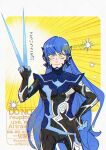  1boy androgynous armor asymmetrical_bangs black_bodysuit blue_armor blue_hair bodysuit border chin_guard closed_mouth colored_extremities commentary_request cowboy_shot dated emphasis_lines energy_blade hand_on_own_hip hand_up long_hair looking_at_viewer male_focus protagonist_(aogami_nahobino)_(smtv) protagonist_(smtv) saaneyoka shin_megami_tensei shin_megami_tensei_v single_sidelock smile solo straight-on translation_request twitter_username v very_long_hair watermark white_border yellow_background yellow_eyes 
