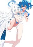  2girls absurdres antenna_hair bikini blue_archive blue_bikini blue_eyes blue_hair blue_halo blue_sailor_collar colored_eyelashes colored_inner_hair commentary cu_cu_cu detached_collar fang flat_chest flippers gradient_eyes hair_between_eyes hair_intakes hair_ornament halo highleg highleg_one-piece_swimsuit highres holding_hands long_hair looking_at_viewer makina_(blue_archive) multicolored_eyes multicolored_hair multiple_girls no_dickey one-piece_swimsuit open_mouth orca_hair_ornament sailor_collar sayuri_(blue_archive) see-through_clothes see-through_shirt shirt simple_background skin_fang swimsuit two_side_up white_background white_eyelashes white_hair white_one-piece_swimsuit x_hair_ornament yellow_eyes 