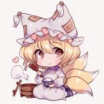  1girl animal_ears apron bangs blonde_hair blush blush_stickers bowl dotted_background fluffy fox_ears fox_tail hat heart hitodama kappougi masanaga_(tsukasa) multiple_tails open_mouth pillow_hat rice_bowl rice_cooker seiza shamoji short_hair sitting smile socks solo tabard tail touhou white_headwear yakumo_ran 