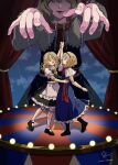  1girl alice_margatroid ascot black_shoes black_skirt black_vest blonde_hair blue_dress boots capelet character_doll commentary_request curtains dancing doll doll_joints dress fingernails frilled_ascot frilled_sash frills hairband highres hoshiringo0902 joints kirisame_marisa lolita_hairband marionette mary_janes open_mouth parted_lips puffy_short_sleeves puffy_sleeves puppet puppet_strings red_ascot red_hairband red_sash sash shirt shoes short_sleeves skirt smile solo stage_curtains string touhou vest white_capelet white_shirt 