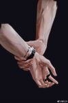  1boy black_background bracelet chinese_commentary commentary_request cropped_arms fingernails hand_focus highres holding_hands jewelry love_and_deepspace male_focus ring scarlet09linjiu simple_background solo sylus_(love_and_deepspace) veins veiny_arms watermark weibo_watermark 