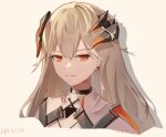  1girl arknights artist_name black_horns blonde_hair chinese_commentary closed_mouth commentary_request cropped_shoulders dated drop_shadow earrings grey_background horns jewelry long_hair looking_at_viewer orange_eyes orange_horns partial_commentary saria_(arknights) shirt simple_background solo white_shirt youmon 