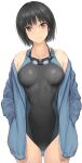  1girl amagami bangs black_hair bob_cut breasts brown_eyes closed_mouth competition_swimsuit goggles goggles_around_neck hands_in_pockets head_tilt highres jacket long_sleeves looking_at_viewer medium_breasts nanasaki_ai one-piece_swimsuit open_clothes open_jacket serizawa_(serizawaroom) short_hair smile solo swimsuit wet 