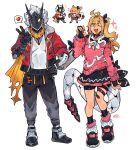 1boy 1girl absurdres ahoge alternate_costume billy_kid billy_kid_(starlight) black_pants black_shoes blonde_hair chalky_(zenless_zone_zero) cissia_(zenless_zone_zero) claw_pose clothed_robot commentary gloves graysheartart hair_ornament hairclip hand_on_own_hip heart highres horns humanoid_robot jacket long_hair multicolored_nails one_eye_closed open_mouth pants partially_fingerless_gloves pink_jacket red_eyes red_jacket red_nails robot robot_boy shoes simple_background single_claw_pose snake snake_girl snake_tail spiked_hair spoken_heart tail v white_background white_hair white_nails white_snake yellow_eyes zenless_zone_zero 