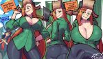  1boy 1girl absurdres ass axe black_pants breasts cleavage dipper_pines english_text freckles gravity_falls green_eyes green_shirt hat highres holding holding_axe large_breasts long_hair looking_at_viewer loyal_cloud multiple_views orange_hair pants plaid_clothes plaid_shirt shirt speech_bubble sweat ushanka wendy_corduroy 