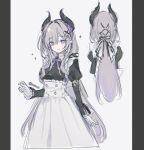  1girl blush breasts buttons commentary_request demon_horns dot_nose dress from_behind gloves grey_hair hair_intakes highres horns jellyfish_cut juliet_sleeves long_hair long_sleeves maid medium_breasts multicolored_hair multiple_views original parted_bangs pointy_ears puffy_sleeves purple_eyes purple_hair reference_sheet ribbon sidelocks simple_background sketch smile solo sparkle twitter_username two-tone_hair white_background white_gloves xx9106 