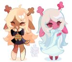  1girl ahoge animal_ears antlers blonde_hair blush brown_eyes brown_fur buck_teeth checkered_clothes checkered_vest chibi commentary deer_antlers deer_ears deer_girl deer_tail deltarune dual_persona english_commentary freckles highres hooves horns lapeluzaa long_hair multiple_costumes noelle_holiday noelle_holiday_(dark_world) official_alternate_costume pink_fur reindeer_girl robe tail teeth two-tone_sweater_vest utdr_(toby_fox) vest white_background white_robe 