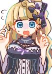  1girl absurdres artist_name black_choker black_dress blonde_hair blue_eyes bow braid breasts center_frills choker commentary_request cross cross_earrings dress earrings frilled_choker frilled_dress frilled_sleeves frills hair_bow highres jewelry large_breasts long_hair long_sleeves looking_at_viewer mahou_shoujo_no_majo_saiban manosaka665 mole mole_under_eye open_mouth saeki_miria signature simple_background solo straight-on twitter_username upper_body white_background wide_sleeves 