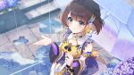  1girl above-cleavage_cutout bare_shoulders blue_eyes blue_flower brown_hair chinese_clothes clothing_cutout commentary company_name copyright_notice detached_sleeves dress earrings flower hair_ornament jewelry kisaragi_satsuki mole mole_under_mouth nijisanji official_art outdoors purple_dress purple_flower qipao rain sample_watermark shiga_riko shiga_riko_(1st_costume) short_hair sleeveless smile solo tassel tassel_earrings umbrella virtual_youtuber water watermark wide_sleeves wing_hair_ornament yellow_dress 