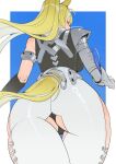  1girl absurdres animal_ears ass ass_focus backboob blonde_hair blue_background blue_eyes border breasts clothing_cutout commentary_request from_behind from_below high_ponytail highres horse_ears horse_girl horse_tail large_breasts long_hair looking_at_viewer looking_back namacinaa ponytail sigrid_de_l'azur single_mechanical_glove solo tail thigh_cutout twitter_username white_border zenless_zone_zero 