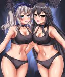  2girls :d absurdres bat_wings black_background black_bra black_choker black_collar black_hair black_hairband black_panties blue_background blue_eyes blush bra breasts brown_eyes choker collar commentary_request commission cowboy_shot double-parted_bangs fake_head_wings frilled_choker frills gradient_background grey_hair hair_between_eyes hairband haruna_(kancolle) highres kantai_collection kashima_(kancolle) large_breasts lipstick long_hair looking_at_viewer makeup multiple_girls navel open_mouth panties pink_lips pixiv_commission sidelocks smile standing stomach thighs twintails underwear very_long_hair wings zanntetu 