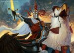  1boy armor artist_name beak chainmail cloak commentary covered_face darkos_art english_commentary fleur-de-lis griffon helmet holding holding_shield holding_sword holding_weapon holy_grail_(warhammer) knight louen_leoncoeur oil_painting_(medium) open_mouth painting_(medium) riding saddle shield solo sword tabard traditional_media warhammer_fantasy weapon white_cloak yellow_eyes 