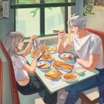  1boy 1girl alternate_costume antenna_hair arm_rest black_pants blue_eyes blue_jacket blue_pants booth_seating bowl bracelet camera chopsticks clothes_around_waist commentary contemporary cropped_shirt crossed_bangs cup day denim drink drinking_glass drinking_straw egg_(food) elbow_rest english_commentary food grey_hair hair_between_eyes hand_up hands_up highres holding holding_camera holding_chopsticks honkai:_star_rail honkai_(series) indoors jacket jacket_around_waist jeans jewelry long_hair looking_at_another lower_teeth_only neck_tattoo ninano_(nn_pistachio) noodles open_mouth pants phainon_(honkai:_star_rail) plate poster_(object) ramen restaurant shirt shoes short_hair short_sleeves signature sitting slice_of_life smile sneakers stelle_(honkai:_star_rail) sun_symbol sun_tattoo t-shirt table taking_picture tattoo teeth trailblazer_(honkai:_star_rail) twitter_username watch white_shirt white_shoes window window_blinds wristwatch yellow_eyes yellow_pupils 