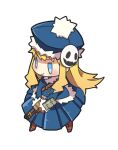  1girl blonde_hair blue_coat blue_eyes blue_hat boots brown_boots character_hat_ornament chibi chibi_only closed_mouth coat commentary_request fur-trimmed_coat fur-trimmed_headwear fur_trim gun gunner_(sekaiju) gunner_2_(sekaiju) haruyasai_(sanbunno) hat holding holding_gun holding_weapon jack_frost_(megami_tensei) legs_apart light_blush long_hair pom_pom_(clothes) sekaiju_no_meikyuu sekaiju_no_meikyuu_2 sidelocks simple_background solo spread_legs standing v-shaped_eyebrows weapon white_background 
