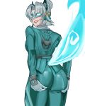  1girl absurdres aqua_jacket aqua_pants ass blue_tail commentary english_commentary fiery_tail fire gloves grabbing_own_ass grey_hair highres jacket looking_at_viewer looking_back marvel marvel_rivals okanekun pants short_hair simple_background solo tail white_background white_fox_(marvel) white_gloves 
