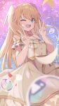  1girl :d ;d absurdres bare_shoulders blonde_hair blue_eyes blurry blurry_foreground breasts buttons commentary_request commission cowboy_shot depth_of_field double_v dress falling_petals flower frilled_dress frills fujisawa_yuzu hair_flower hair_ornament halter_dress halterneck highres long_hair looking_at_viewer medium_breasts multi-source_commentary off-shoulder_dress off_shoulder one_eye_closed ongeki open_mouth petals purple_background sash short_dress skeb_commission smile solo sonoji swept_bangs two_side_up v water_drop yellow_dress yellow_sash 