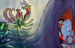  bleach bleach:_sennen_kessen-hen blood blood_from_eyes blood_from_mouth blood_on_face blue_butterfly blue_theme bug butterfly collar commentary dibyasreen english_commentary gloriosa_(flower) hair_between_eyes highres inoue_orihime long_hair loose_hair_strand parted_bangs plant solo 