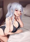  1girl bed bikini black_bikini breasts cleavage collarbone commentary_request cum cum_on_body cum_on_hair facial grey_hair halterneck huyumitsu large_breasts long_hair open_mouth original pillow purple_eyes side_ponytail smile solo string_bikini sweat swimsuit triangle_bikini_top 