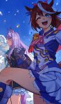  2girls absurdres animal_ears aqua_bow aqua_bowtie aqua_ribbon ascot black_jacket black_skirt blixadon blue_eyes blue_sky blush bow bowtie breasts brown_hair buttons cape cloud coat commentary confetti double-breasted ear_bow ear_ribbon english_commentary epaulettes frilled_coat frilled_jacket frills gloves green_bow green_bowtie hair_between_eyes high_ponytail highres horse_ears horse_girl horse_tail jacket legs long_hair long_sleeves mejiro_mcqueen_(frontline_elegance)_(umamusume) mejiro_mcqueen_(umamusume) multicolored_hair multicolored_jacket multiple_girls one_eye_closed open_mouth pink_ascot pleated_skirt ponytail purple_eyes purple_hair red_cape ribbon shirt single_epaulette skirt sky smile sparkle streaked_hair tail tokai_teio_(peak_joy)_(umamusume) tokai_teio_(umamusume) two-tone_hair two-tone_jacket two-tone_skirt umamusume white_gloves white_hair white_jacket white_skirt 