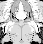  1boy 1girl bare_shoulders breasts collarbone commentary_request girls_und_panzer grabbing_own_breast greyscale henyaan_(oreizm) highres imminent_paizuri large_breasts looking_at_viewer lying monochrome nipples nishizumi_miho on_back on_bed ooarai_military_uniform open_clothes open_shirt pillow pov pov_shadow shadow solo_focus sweat upper_body yukadon 