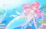  1girl air_bubble armpit_crease bikini bikini_top_only blue_flower blue_scales blue_tail body_fins bracelet breasts brown_eyes bubble cherriuna cleavage commentary coral crossed_bangs english_commentary fish flower flower_ornament frilled_bikini frills hair_between_eyes highres jewelry long_hair long_sidelocks looking_at_viewer medium_breasts merfolk mermaid monster_girl navel open_mouth original pearl_bracelet pink_hair seaweed sidelocks solo sparkle string_of_pearls swimsuit underwater very_long_sidelocks white_bikini 