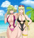 absurdres artcetona bare_shoulders beach blonde_hair blue_eyes breasts cleavage commentary_request cowboy_shot curly_hair digimon digimon_(creature) digimon_story:_cyber_sleuth digimon_story:_cyber_sleuth_-_hacker's_memory eyewear_on_head full_body green_hair highres kishibe_rie kuremi_kyouko large_breasts long_hair looking_at_viewer navel ocean pink-tinted_eyewear short_hair smile stomach sunglasses swimsuit tinted_eyewear 
