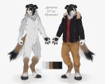  2019 anthro black_body black_clothing black_fur black_hair black_jacket black_nose black_pawpads black_topwear bottomwear brown_body brown_bottomwear brown_clothing brown_fur brown_pants canid canine canis cheek_tuft clothed clothed/nude clothing crotch_tuft cyrillic_text dated digitigrade domestic_dog facial_tuft famir_(artist) featureless_crotch floppy_ears fluffy fluffy_tail front_view fur grey_body grey_fur hair jacket leg_tuft male mammal neck_tuft nude pants pawpads piercing red_clothing red_topwear signature simple_background solo standing text tongue tongue_out tongue_piercing tongue_stud topwear translation_request tuft white_background white_body white_fur 
