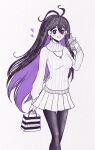  1girl antenna_hair bag black_hair bubble_tea colored_inner_hair earrings hair_behind_ear heart highres holding holding_bag jewelry lilysgreenhouse long_hair mari_(omori) multicolored_hair necklace omori pantyhose pleated_skirt purple_hair skirt solo sweater twitter_username two-tone_hair very_long_hair white_background 