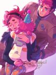  1boy 2026 2girls beard_stubble black_gloves black_hair black_jacket blue_eyes brown_coat child closed_eyes coat commentary_request couple dated ericht_samaya facial_hair family father_and_child father_and_daughter gloves guel_jeturk gundam gundam_suisei_no_majo hair_ornament hairclip hat hetero hug if_they_mated ivy_hermit jacket low_twintails mother_and_child mother_and_daughter multiple_girls open_mouth original parent_and_child parted_lips party_hat pink_hair red_hair signature smile stubble suletta_mercury thick_eyebrows twintails 