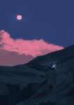  1girl absurdres artist_name baseball_cap black_hair blue_archive blue_halo cloud commentary crop_top from_behind glowing glowing_halo halo hat highres jacket kani_etizen03 long_hair moon mountain saori_(blue_archive) scenery sky solo untranslatable_commentary walking white_jacket wide_shot 