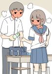  1boy 1girl after_sex bag blue_sailor_collar blue_skirt blush brown_background brown_hair chair collared_shirt commentary_request desk dress_shirt dressing feet_out_of_frame full-face_blush grey_pants holding juukyuu neckerchief original pants pink_neckerchief pleated_skirt sailor_collar school_bag school_chair school_desk school_uniform serafuku shirt skirt small_sweatdrop socks solid_circle_eyes standing sweat tissue_box two-tone_background white_background white_shirt white_socks 