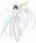  1girl absurdres arm_wrap asymmetrical_legwear black_hair closed_mouth crown dress floating_crown frilled_dress frills full_body garter_straps grey_eyes hair_over_one_eye high_heels highres holding holding_weapon looking_at_viewer low_wings mismatched_legwear multiple_wings original platform_heels rakugaki_suruhito ribbed_leg_warmers short_dress short_hair single_thighhigh skindentation solo standing thigh_bow thighhighs weapon white_background white_dress white_theme white_wings wings 