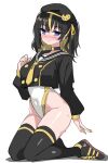  1girl black_choker black_hair black_hat black_shirt black_shoes black_thighhighs blonde_hair blue_eyes blush breasts choker closed_mouth commentary_request embarrassed full_body groin hair_between_eyes hat highres kamukamu_(ars) large_breasts looking_at_viewer multicolored_hair necktie one-piece_swimsuit original shirt shoes skindentation smile solo sweat swimsuit swimsuit_under_clothes thighhighs thighs two-tone_hair white_one-piece_swimsuit yellow_nails yellow_necktie 