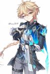  1boy absurdres aether_(genshin_impact) aether_(night_hunt_in_snow)_(genshin_impact) ahoge armor artist_name belt black_belt black_gloves black_jacket black_shirt blonde_hair blue_cape braid cape chain closed_mouth commentary cowboy_shot earpiece earrings floating_hair fur-trimmed_gloves fur_trim genshin_impact gloves grey_pants gun hair_between_eyes hair_ornament hair_ribbon hair_tubes handgun hands_up highres holding holding_gun holding_weapon jacket jewelry kana1847 lapels long_hair long_sleeves looking_at_viewer low-braided_long_hair low-tied_long_hair male_focus official_alternate_costume one_eye_closed orange_eyes pants ribbon shirt shoulder_armor simple_background single_braid single_earring single_hair_tube smile solo sparkle standing thigh_strap turtleneck turtleneck_shirt untranslatable_commentary very_long_hair weapon white_background white_ribbon yellow_pupils 