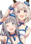  2girls animal_ears bare_shoulders blue_eyes blunt_bangs blush breasts chrono_genesis_(umamusume) commentary_request curren_chan_(umamusume) dixie_cup_hat ear_covers ears_through_headwear grey_hair hair_between_eyes hat highres horse_ears horse_girl long_hair looking_at_viewer masaki_shino military_hat multiple_girls one_eye_closed open_mouth pacific_racing_team purple_eyes race_queen short_hair small_breasts smile sports_bra umamusume white_sports_bra 