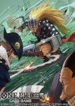  3boys blonde_hair buzz_cut clenched_teeth commentary_request copyright_name hat hockey_mask holding holding_weapon killer_(one_piece) long_hair male_focus mask moopic multiple_boys official_art one_piece one_piece_card_game orange_hair outdoors short_hair sideburns teeth urouge very_short_hair weapon x_drake 