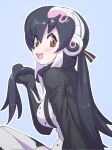  1girl african_penguin_(kemono_friends) black_hair blue_background breasts brown_eyes commentary_request gloves headphones highres hood hoodie kemono_friends large_breasts long_hair looking_at_viewer lowlandgorilla multicolored_hair open_mouth pink_hair ribbon simple_background solo thighhighs white_hair 