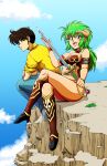  1980s_(style) 1boy 1girl :d armlet armor bikini_armor blue_sky breasts brown_hair cloud cloudy_sky commentary crossed_legs english_commentary green_eyes green_hair highres horns jewelry kahm large_breasts long_hair navel outlanders red_armor retro_artstyle sitting sky smile sword tedbob84 wakatsuki_tetsuya weapon 