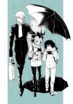  4boys ahiru-kmo backpack bag blue_background colored_bangs commentary_request dual_persona greyscale_with_colored_background handheld_game_console holding holding_handheld_game_console jacket kaiba_mokuba kaiba_seto long_hair male_focus multiple_boys muto_yugi outside_border pillarboxed rain scarf shoes short_hair suitcase umbrella walking yami_yugi yu-gi-oh! 