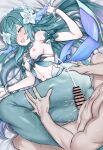  1boy 1girl absurdres bangle bar_censor blue_eyes bracelet breasts breasts_out censored commentary cum daram_(shappydude) ejaculation flower genshin_impact grabbing_another's_ass green_hair groping hair_flower hair_ornament hair_spread_out hand_on_another's_thigh hetero highres interspecies jewelry large_variant_set long_hair looking_at_another lying medium_breasts merfolk mermaid monster_girl navel nipples nude on_side open_mouth penis purple_eyes sheet_grab variant_set very_long_hair vodyanitsa_(genshin_impact) 