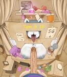  1boy 1girl absurdres animal_ears animal_nose arrow_(symbol) bergoq blue_sweater breasts cardboard coin commentary condom condom_box condom_packet_strip condom_wrapper counter english_commentary english_text erection frisk_(undertale) furry furry_female furry_with_non-furry genderswap genderswap_(otm) glory_hole gold_coin hetero highres holding_cardboard huge_breasts indoors interspecies large_areolae large_penis nipples penis pov pov_crotch purple_sweater saliva snout striped_clothes striped_sweater sweater temmie testicles tongue tongue_out trembling twitching_penis undertale used_condom utdr_(toby_fox) veins veiny_penis 
