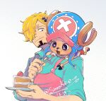  2boys antlers apron aqua_shirt arabic_commentary blonde_hair blush cake commentary_request cross curly_eyebrows facial_hair feeding food goatee hair_over_one_eye hat highres holding holding_plate hood horns male_focus multiple_boys mustache one_piece pink_apron pink_hat plate reindeer_antlers sanji_(one_piece) shirt smile smokee_q strawberry_shortcake tony_tony_chopper twitter_username 