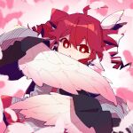  absurdres ahoge cowboy_shot dress drill_hair falling_feathers feathered_wings feathers grey_dress highres jiu_(jiu076) kasane_teto kasane_teto_(sv) long_sleeves looking_at_viewer parted_lips pink_background pink_feathers red_eyes red_hair short_hair synthesizer_v twin_drills utau wings 