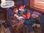  anthro canid canine canis chase_hunter duo echo_(game) echo_(series) echo_project embrace food furniture hug jackiry leo_alvarez lutrine male male/male mammal mustelid paws sofa spanish_text spooning text video_games visual_novel wolf 