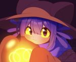  1other :3 amatomato_0141 androgynous animal_hat black_background brown_coat brown_eyes brown_hat cat_hat child closed_mouth coat colored_sclera commentary_request hair_between_eyes hat holding_bulb light_bulb long_sleeves looking_at_viewer medium_hair niko_(oneshot) object_to_cheek oneshot_(game) other_focus portrait purple_hair purple_scarf redrawn scarf sleeves_past_fingers sleeves_past_wrists twitter_username underlighting watermark yellow_sclera 